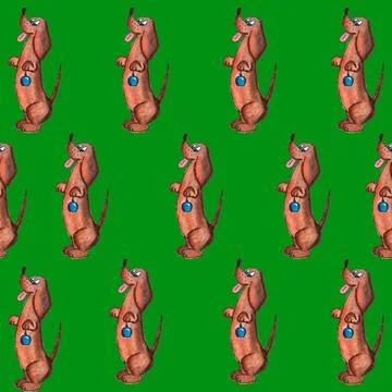 Seamless pattern of hand drawn dachshund holding blue christmas tree bauble Stock Illustration