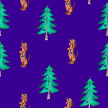 Seamless pattern of hand drawn dachshund holding blue bauble near christmas tree Stock Illustration