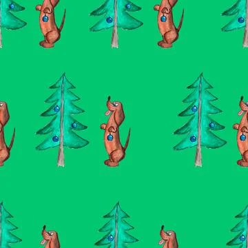 Seamless pattern of hand drawn dachshund holding blue bauble near christmas tree Stock Illustration