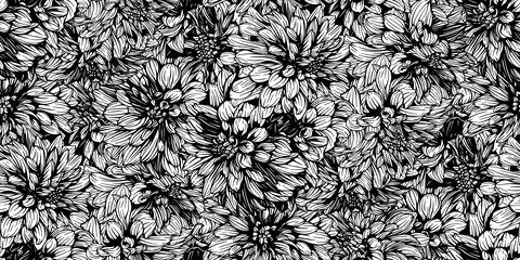 Seamless pattern with hand drawn dahlia night silence flowers. Vector flora.. Illustrazione stock