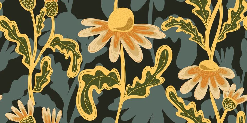 Seamless pattern with hand drawn daisies. Cute autumn floral background, fall Stock Illustration