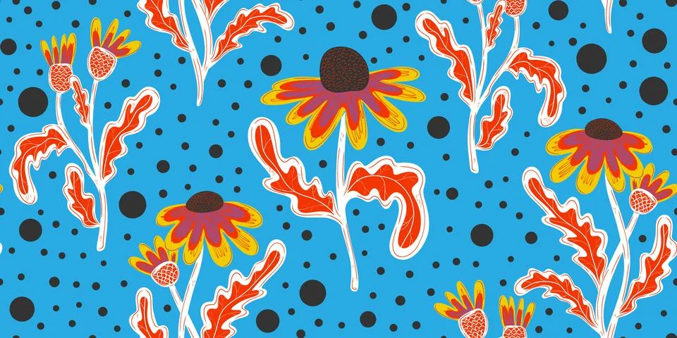 Seamless pattern with hand drawn daisies. Cute autumn floral background, fall Stock Illustration