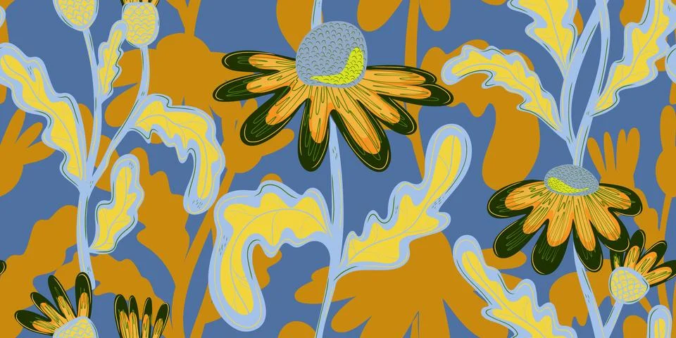 Seamless pattern with hand drawn daisies. Cute autumn floral background, fall Stock Illustration