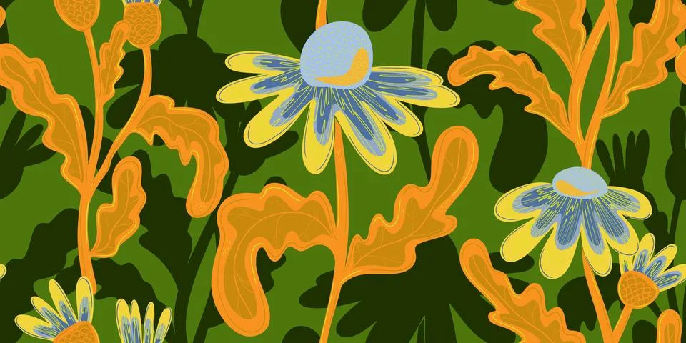 Seamless pattern with hand drawn daisies. Cute autumn floral background, fall Stock Illustration