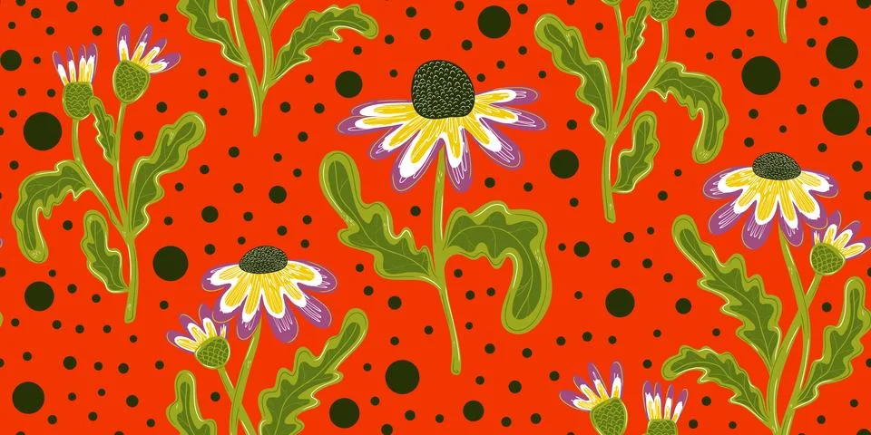 Seamless pattern with hand drawn daisies. Cute autumn floral background, fall Illustrazione stock