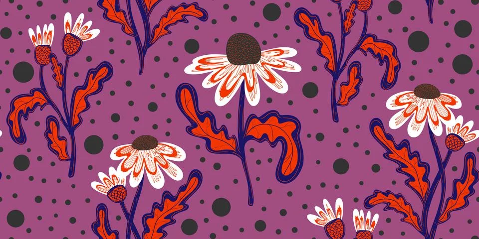 Seamless pattern with hand drawn daisies. Cute autumn floral background, fall Illustrazione stock