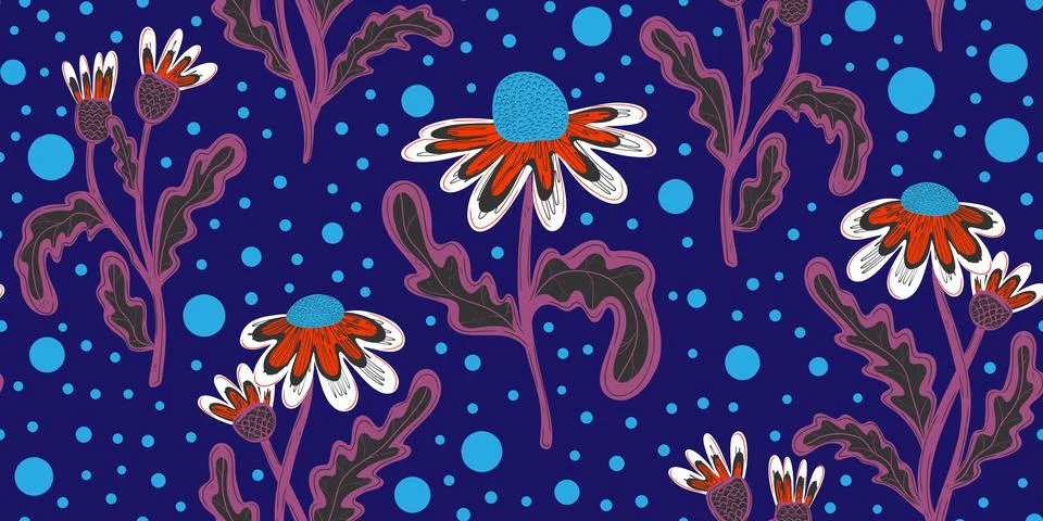 Seamless pattern with hand drawn daisies. Cute autumn floral background, fall Illustrazione stock
