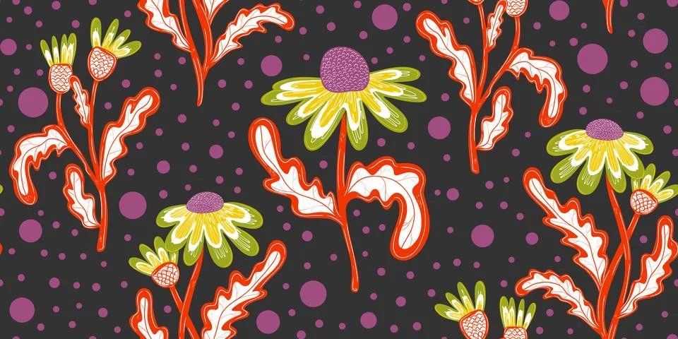 Seamless pattern with hand drawn daisies. Cute autumn floral background, fall Stock Illustration