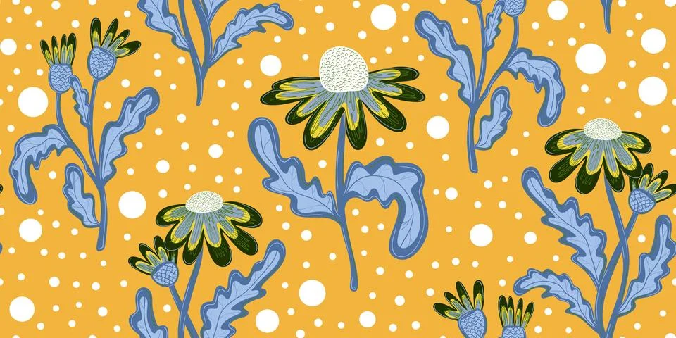 Seamless pattern with hand drawn daisies. Cute autumn floral background, fall Stock Illustration