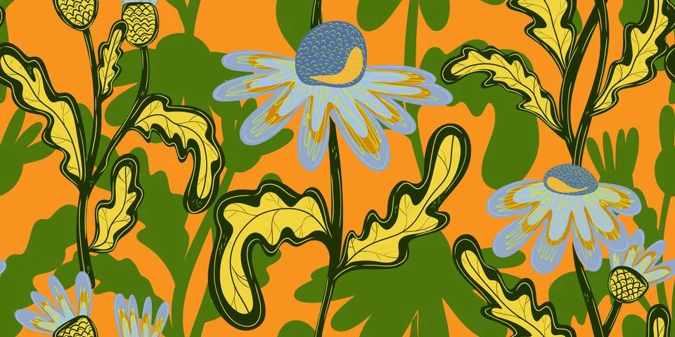 Seamless pattern with hand drawn daisies. Cute autumn floral background, fall Stock Illustration