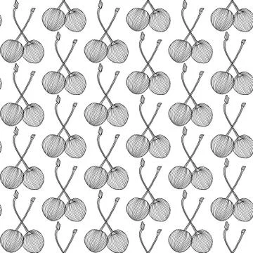 Seamless pattern with hand drawn decorative cherries, healthy food background Stock Illustration