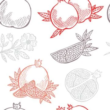 Seamless pattern with hand drawn decorative pomegranate fruits, design elements Stock Illustration