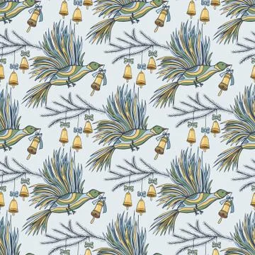 Seamless pattern with hand drawn decorative bird with holiday bells for Chris Illustrazione stock