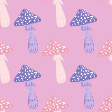 Seamless pattern with hand drawn decorative blue and pink colored mushrooms.  Stock Illustration