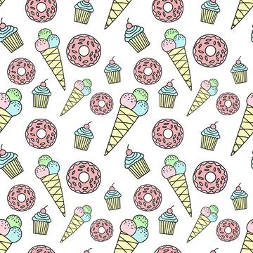 Seamless pattern of hand-drawn donut, ice cream, cupcake. Vector background i Stock Illustration