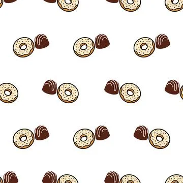 Seamless pattern with hand drawn donuts and chocolates. Stock Illustration