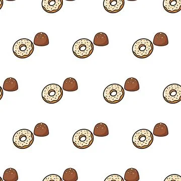 Seamless pattern with hand drawn donuts and chocolate truffles on white bac.. Stock Illustration