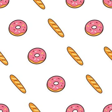 Seamless pattern with hand drawn donuts and baguettes for bakery background. Stock Illustration