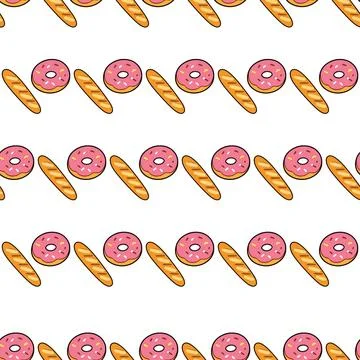 Seamless pattern with hand drawn donuts and baguettes for bakery background. Illustrazione stock