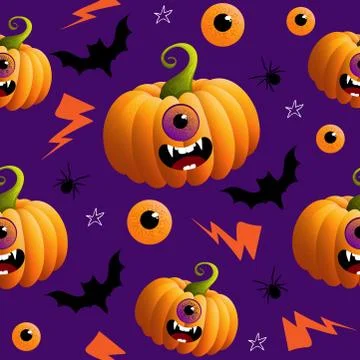 Seamless pattern with hand drawn doodle halloweens element on purple backgoun Illustrazione stock