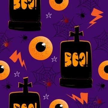 Seamless pattern with hand drawn doodle halloweens element on purple backgoun Stock Illustration