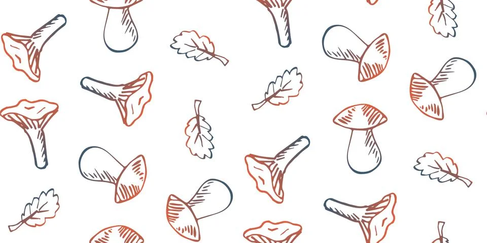 Seamless pattern hand drawn doodle mushrooms on white background. Stock Illustration