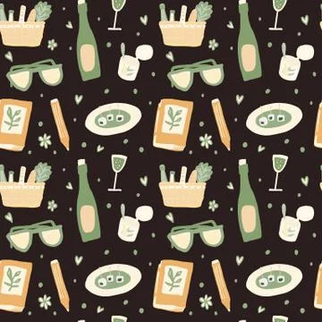 Seamless pattern with hand drawn doodle style elements related to picnic. Dar Illustrazione stock