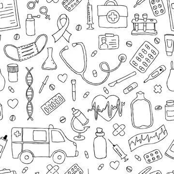 Seamless pattern hand drawn doodle medicine. Hand drawn 库存插图