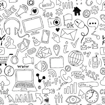 Seamless pattern of hand drawn doodle cartoon objects and symbols on the Soci Stock Illustration