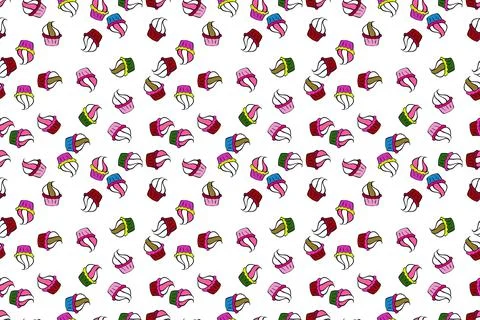 Seamless pattern with hand drawn doodle desserts: cupcakes, cake, pie, muffins. Illustrazione stock
