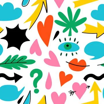 Seamless pattern with hand drawn doodle colorful design elements. Abstract 스톡 일러스트