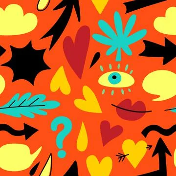 Seamless pattern with hand drawn doodle colorful design elements. Abstract Stock Illustration