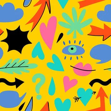 Seamless pattern with hand drawn doodle colorful design elements. Abstract Stock Illustration