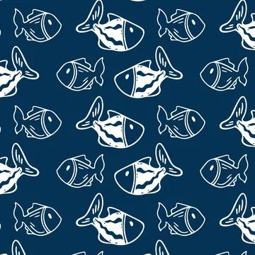 Seamless pattern of hand drawn doodle fish. Stock Illustration