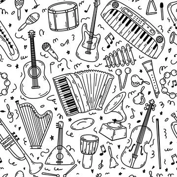 Seamless pattern with hand drawn doodle musical instruments. Vector sketch il Stock Illustration