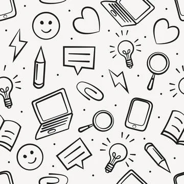 Seamless pattern with hand drawn doodle style education and office icons incl Illustrazione stock