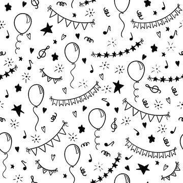 Seamless pattern hand drawn doodle cartoon objects and symbols of birthday .. Stock Illustration