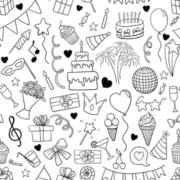 Seamless pattern of hand drawn doodle cartoon objects and symbols on the bi.. 스톡 일러스트