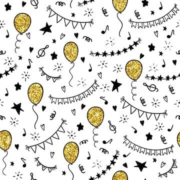 Seamless pattern hand drawn doodle cartoon objects and symbols of birthday .. Stock Illustration
