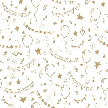 Seamless pattern hand drawn doodle cartoon objects and symbols of birthday .. Stock Illustration