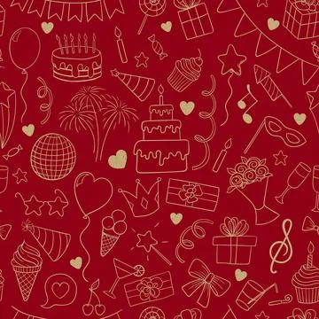 Seamless pattern of hand drawn doodle cartoon symbols on the birthday party.. 스톡 일러스트