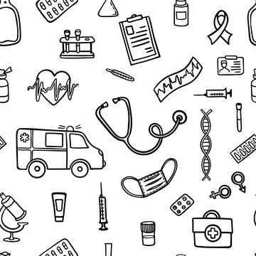 Seamless pattern hand drawn doodle medicine. Ambulance sketch. Hand drawn v.. Stock Illustration