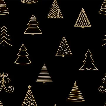 Seamless pattern of hand drawn Doodle Gold Sketch Christmas tree. design ho.. Stock Illustration