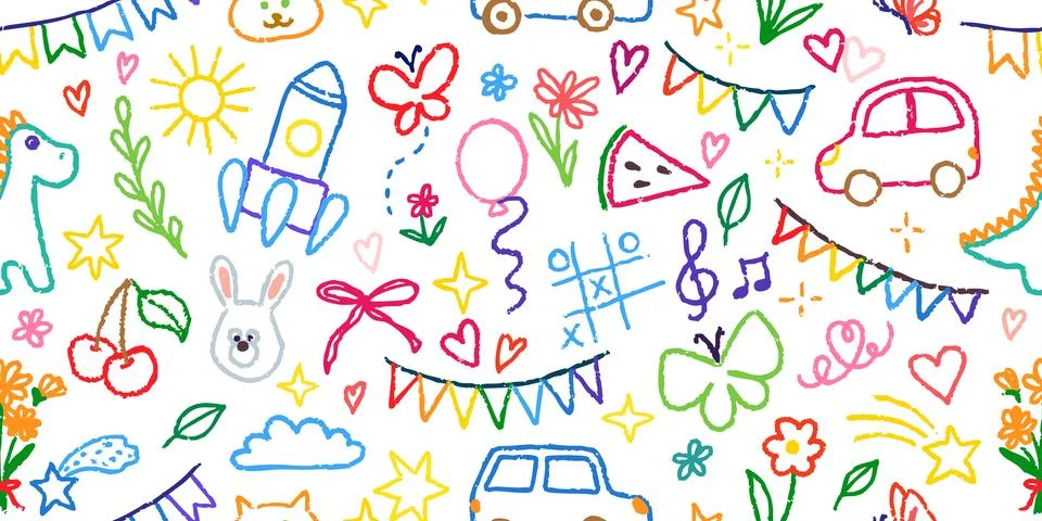 Seamless pattern Hand drawn doodle design elements, black on white background イラスト素材