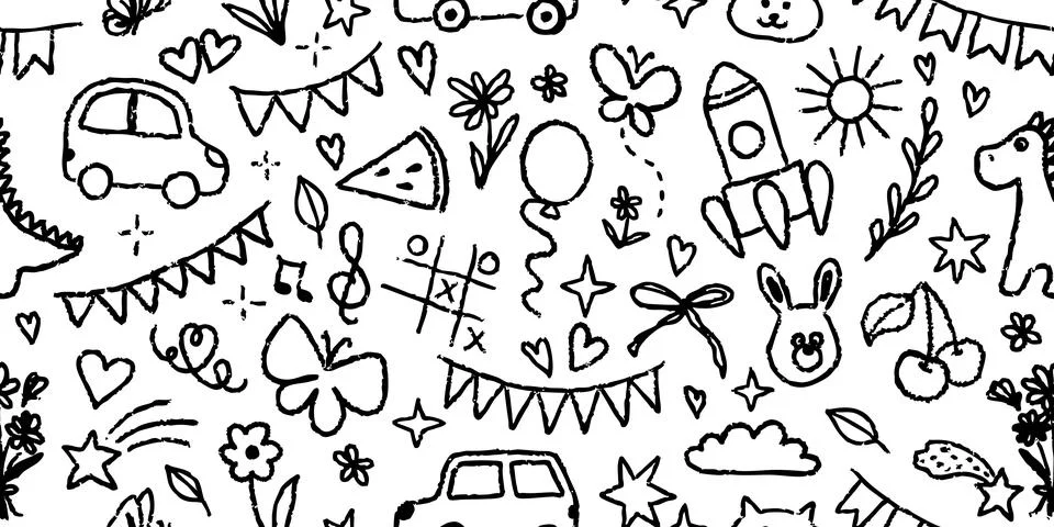 Seamless pattern Hand drawn doodle design elements, black on white background Stock Illustration