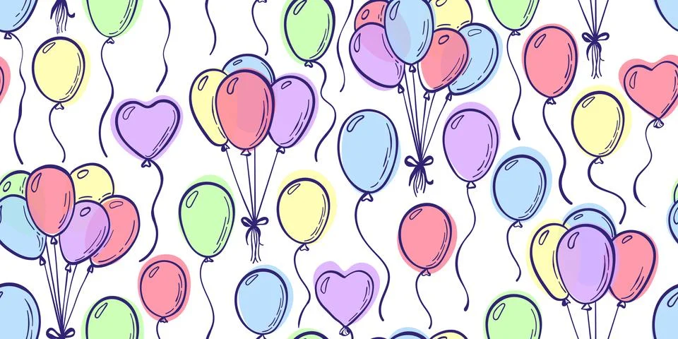 Seamless pattern hand drawn doodle cartoon balloons symbols of birthday party Stock Illustration