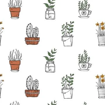 Seamless Pattern Hand Drawn Doodle Potted Plants Cactus Mason Jar Tea Cup V.. 库存插图