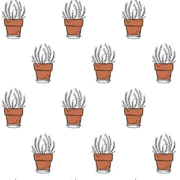 Seamless Pattern Hand Drawn Doodle Herb Plant in Terracotta Pot Sketch Vector Illustration