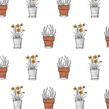 Seamless Pattern Hand Drawn Doodle Flowering Plants in Striped Pots Sketch .. Stock Illustration