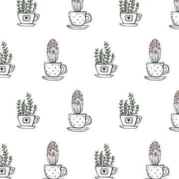 Seamless Pattern Hand Drawn Doodle Plants Growing in Tea Cups Saucers Sketc.. 库存插图